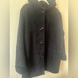 Vintage  Lauren Ralph Lauren Faux Suede Shearling Hooded Coat Size L  Black